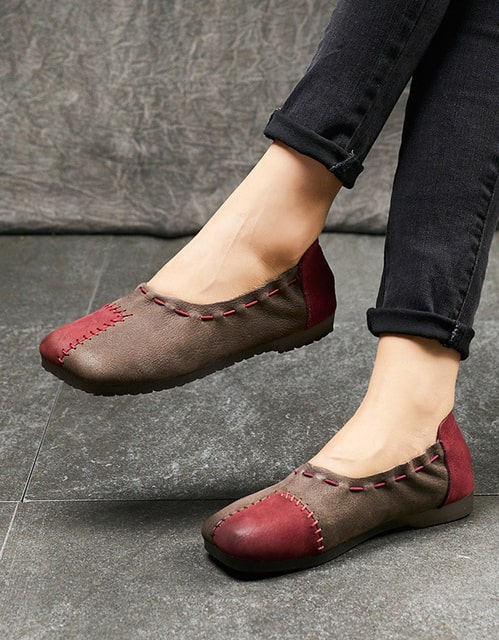 Retro Leather Handmade Patch Flat Shoes