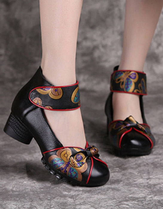 Retro Leather Handmade Printed Chunky Heels Aug New Trends 2020 68.70