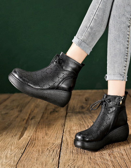 Retro Leather Hollow Lace up Wedge Boots Black Obiono Retro Leather Hollow Lace up Wedge Boots Black Obiono