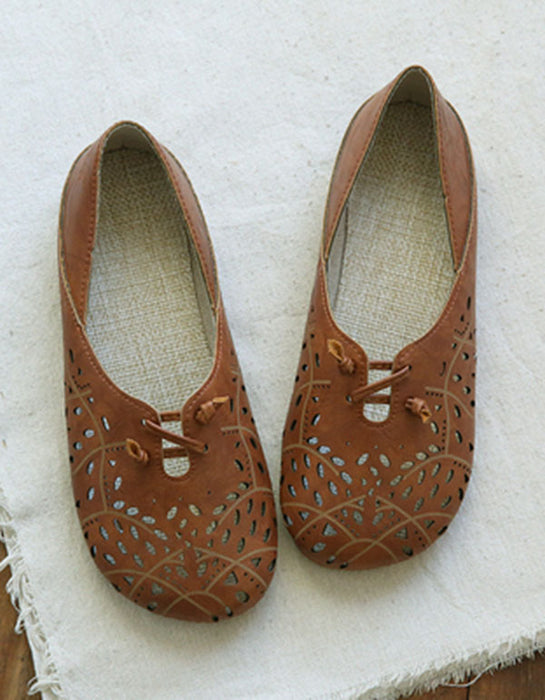 OBIONO Leather Hollow Summer Retro Flat Shoes — Obiono