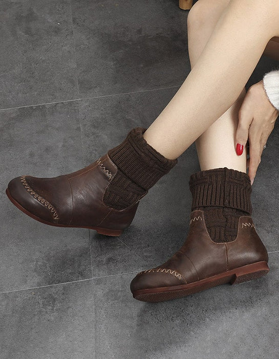 Handmade Retro Leather Knitted Winter Cotton Boots