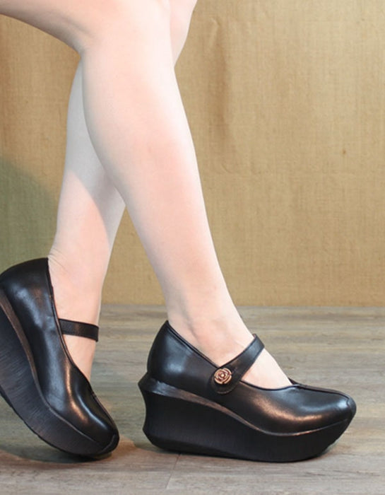 Retro Leather Wedge Heels Women Shoes