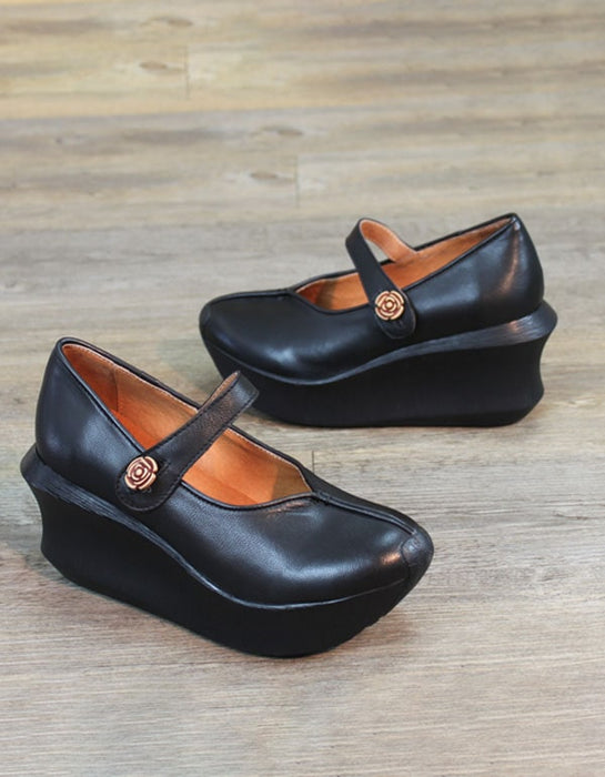 Retro Leather Wedge Heels Women Shoes