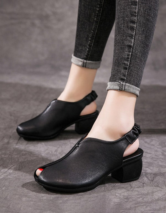 Retro Open Toe Thick-Heeled Leather Chunky Shoes Aug New Trends 2020 80.00