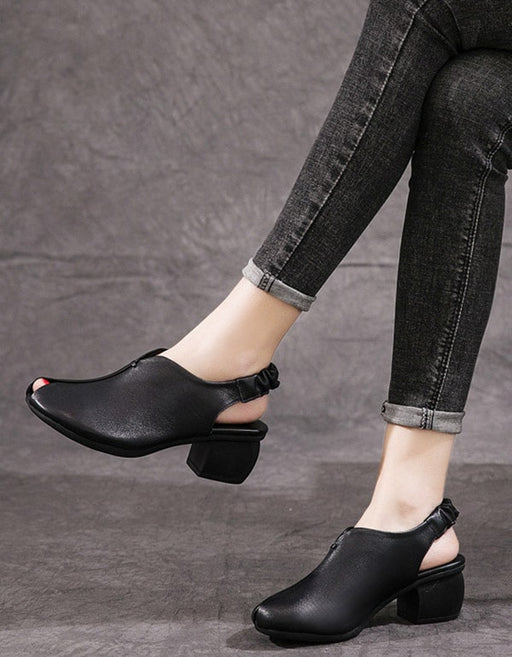 Retro Open Toe Thick-Heeled Leather Chunky Shoes Aug New Trends 2020 80.00
