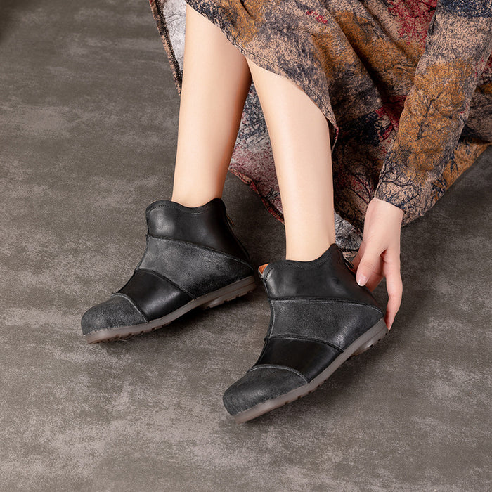 Botas cortas de mujer con costuras de cuero hechas a mano estilo retro