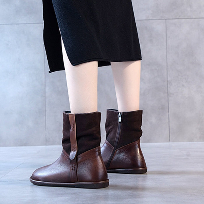 Retro Stitching Velvet Women Short Boots