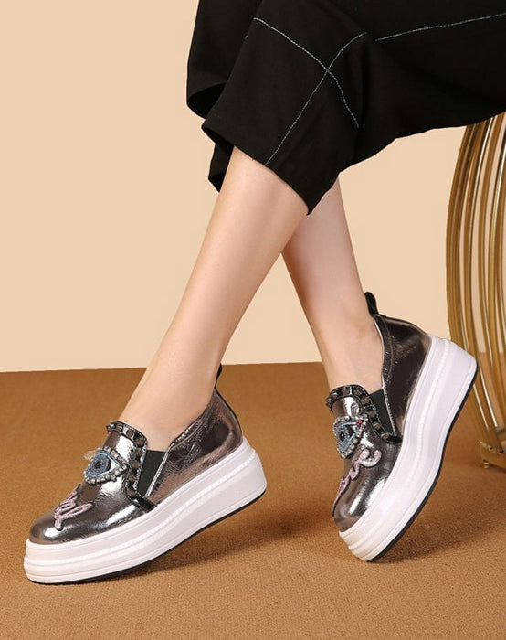 Rhinestone Silver Thick Heel Casual Shoes