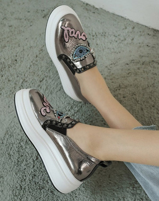 Rhinestone Silver Thick Heel Casual Shoes