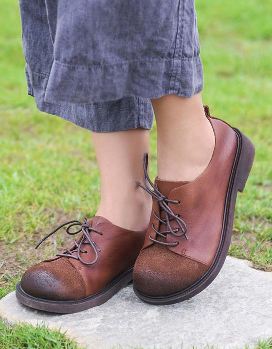 Round Toe Suede Spliced Lace-up Flat Shoes - Main Image