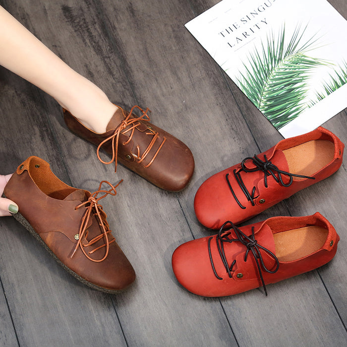Round Head Lace Up Leather Flats