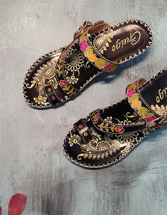 Flip-Flops Cowhide Ethnic Shoes Handmade Floral