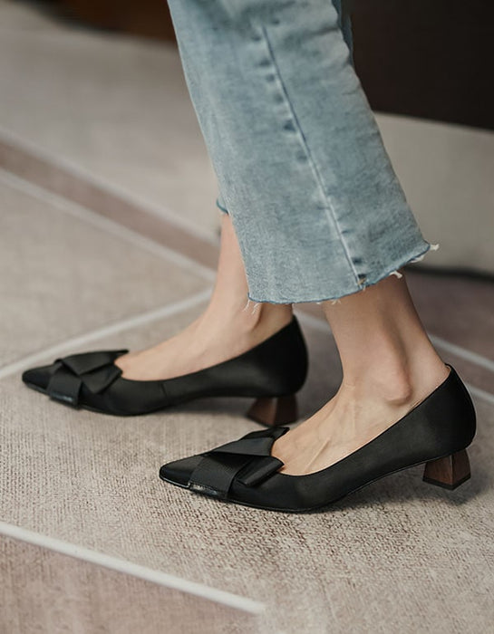 Silk Pointed Toe Bowknot Mid-Heels Elegant Shoes