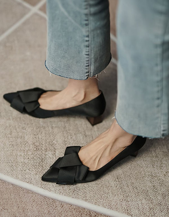 Silk Pointed Toe Bowknot Mid-Heels Elegant Shoes