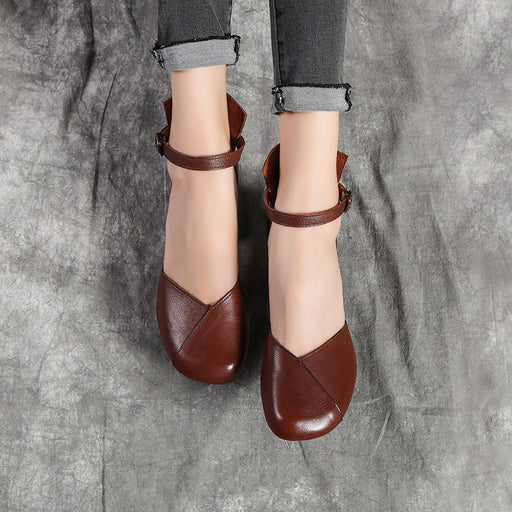 Simple Leather Buckle Middle Heel Chunky Pumps May Shoes Collection 75.00