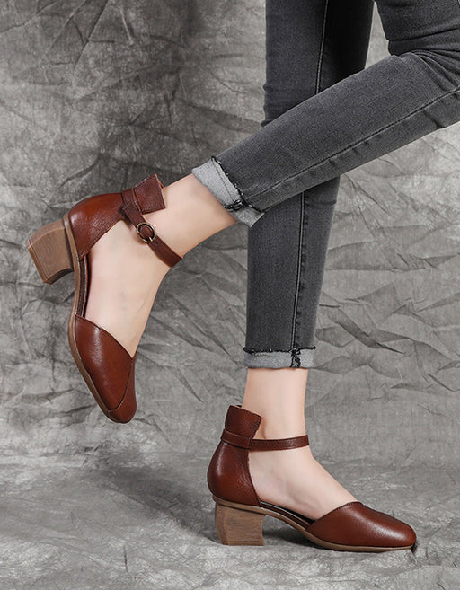 Simple Leather Buckle Middle Heel Chunky Pumps May Shoes Collection 75.00