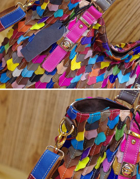 Women's Colorful Leather Shoulder Bag - Handbag With Leaf Stitching, Adjustable Strap (Multicolor)