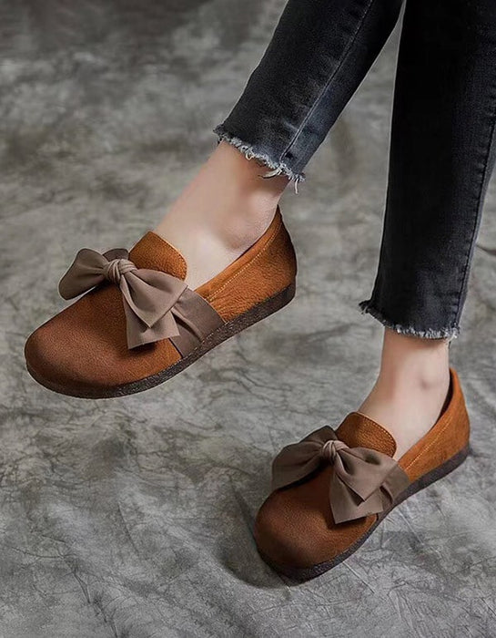 Soft Leather Round Head Bowknot Retro Flat Shoes