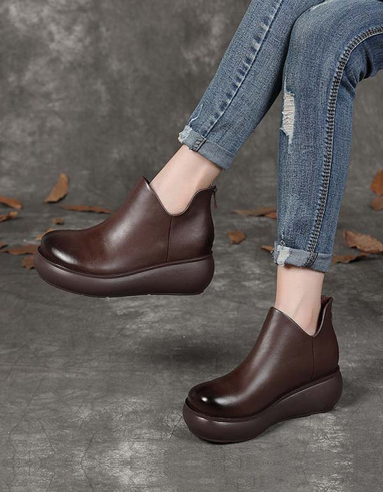 Spring Autumn Anti-slip Leather Retro Wedge Boots