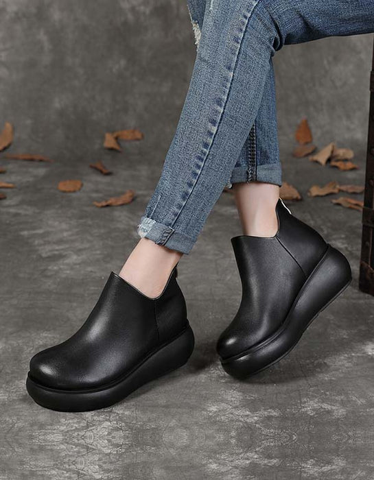 Spring Autumn Anti-slip Leather Retro Wedge Boots