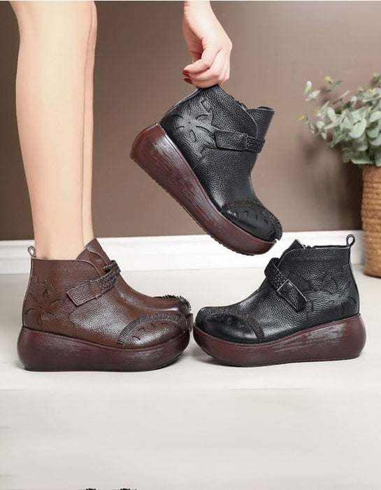Spring Autumn Retro Leather Wedges Ankle Boots