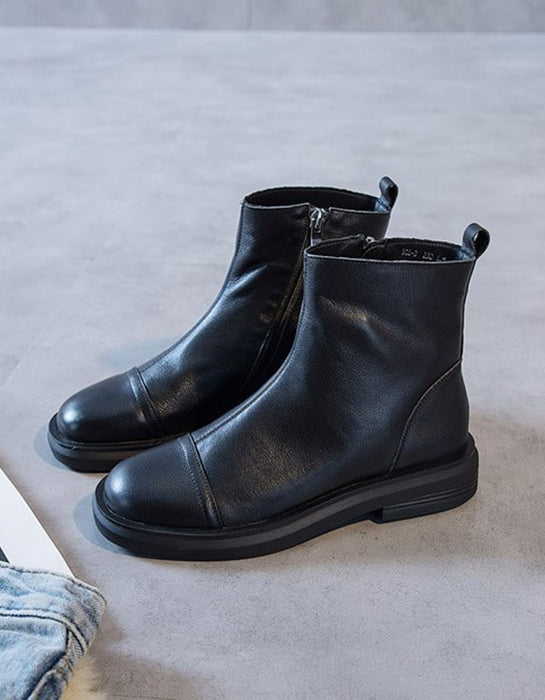 Spring Autumn Versatile Leather Short Boots Black