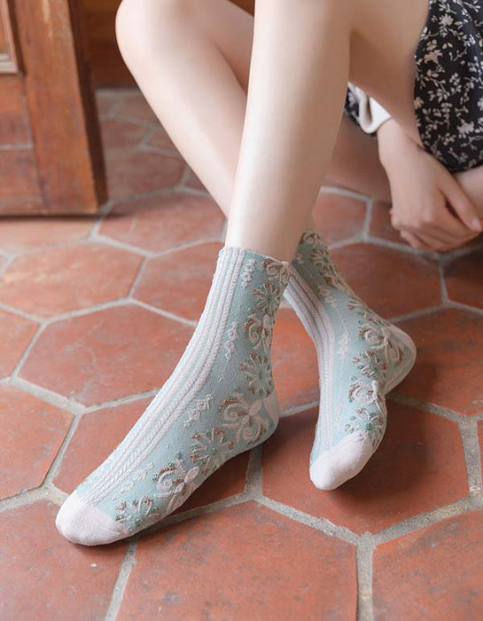 2 Pairs Spring Color Vintage Floral Cotton Socks Accessories 25.00