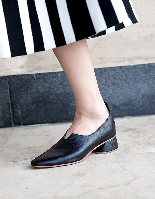 Spring Leather Pointed Thick Heel Elegant Pumps