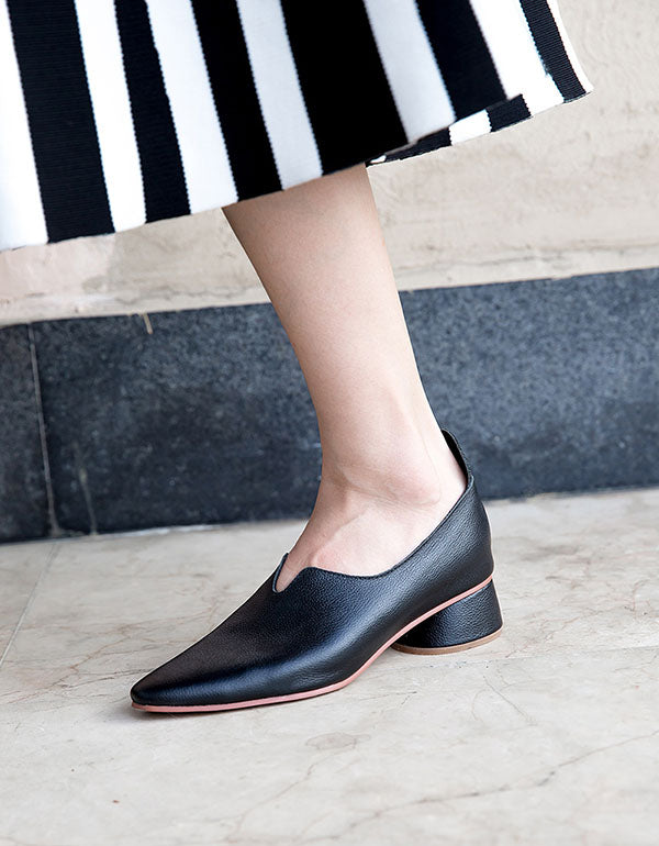 Spring Leather Pointed Thick Heel Elegant Pumps — Obiono