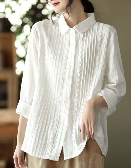 Spring Long Sleeve Pleated Lace Linen Shirt New arrivals Women's Clothing 48.80