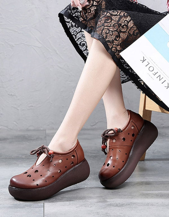 Spring Trendy Handmade Leather Hollow Wedge Shoes