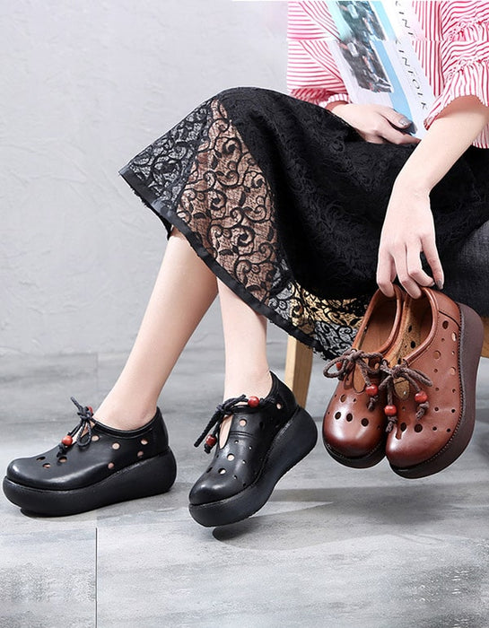 Spring Trendy Handmade Leather Hollow Wedge Shoes
