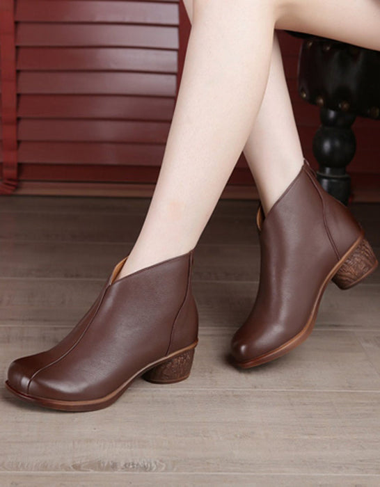 Handmade Retro Leather V-neck Chunky Heel Boots Jan Shoes Collection 2022 88.00