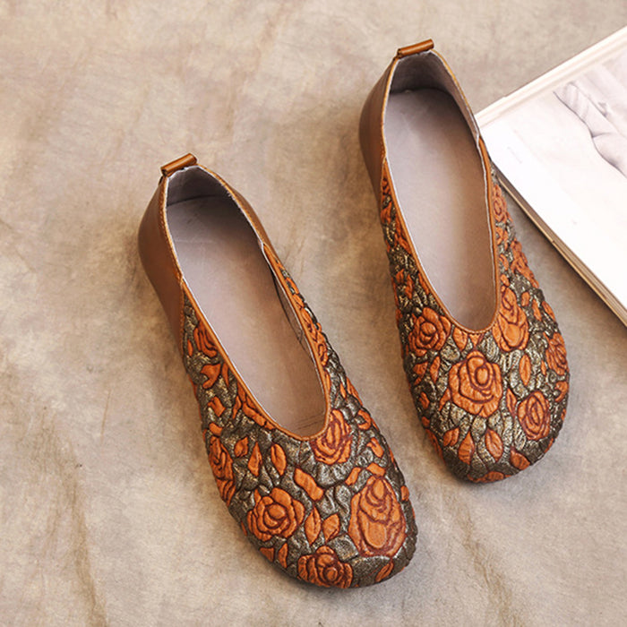 Spring Embossed Leather Handmade Soft Comfortable Flat Shoes