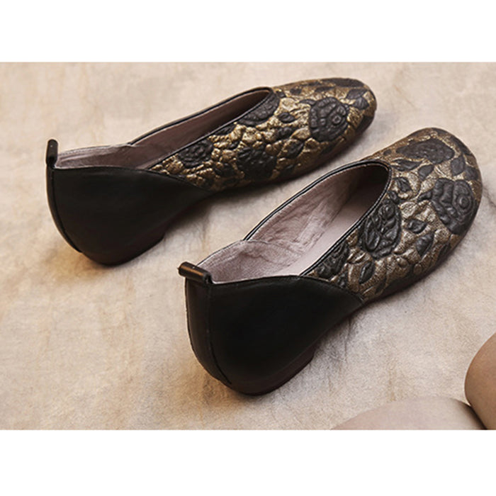 Spring Embossed Leather Handmade Soft Comfortable Flat Shoes