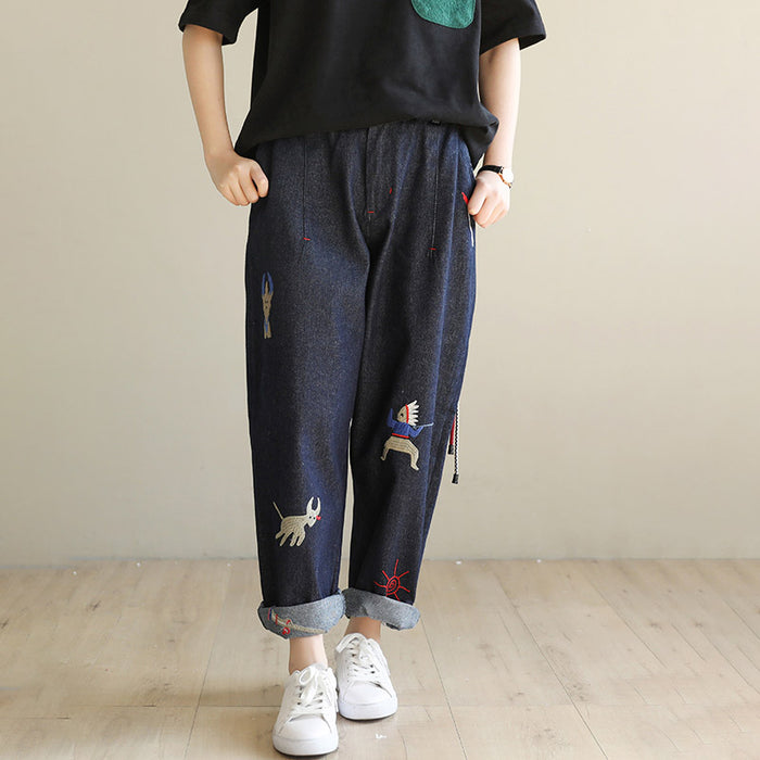 Spring Embroidery Loose Denim Pants Bottoms 68.60