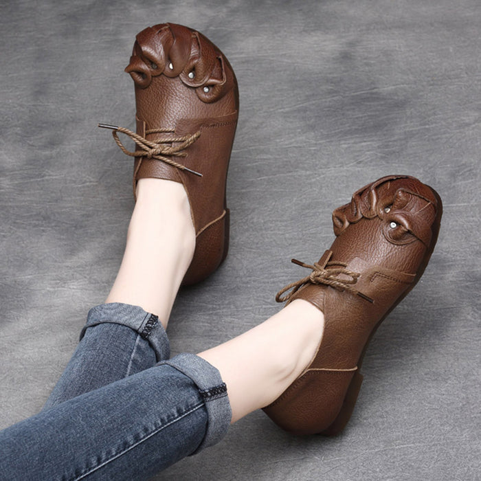 Spring Retro Leather Handmade Soft Bottom Flat Women's Shoes | Gift Shoes