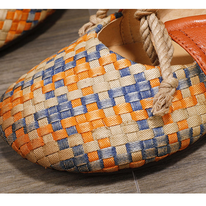 Spring Vintage Leather Woven Women Flats
