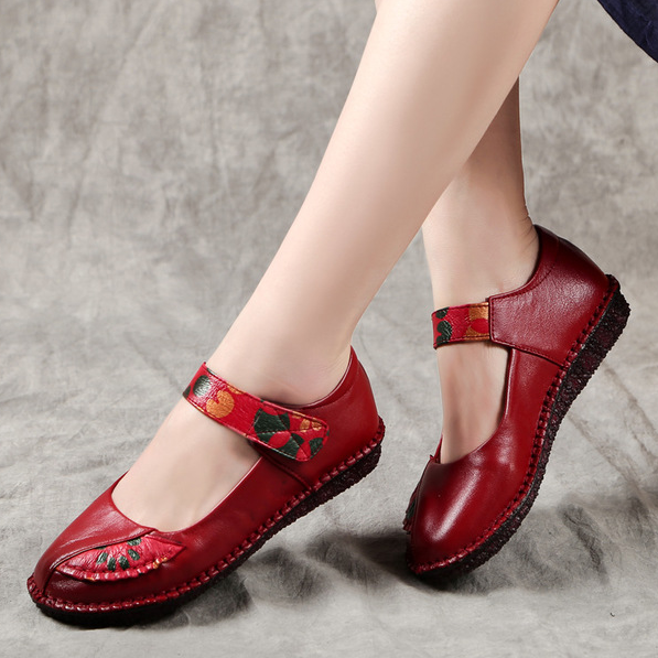 Spring Women Ethnic Leather Soft Bottom Flat Color Matching Shoes