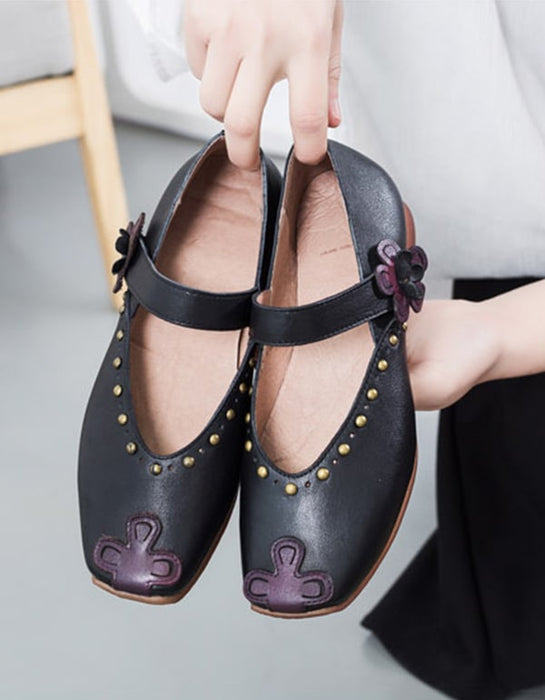 Studded Vintage Leather Square Head Flat Shoes