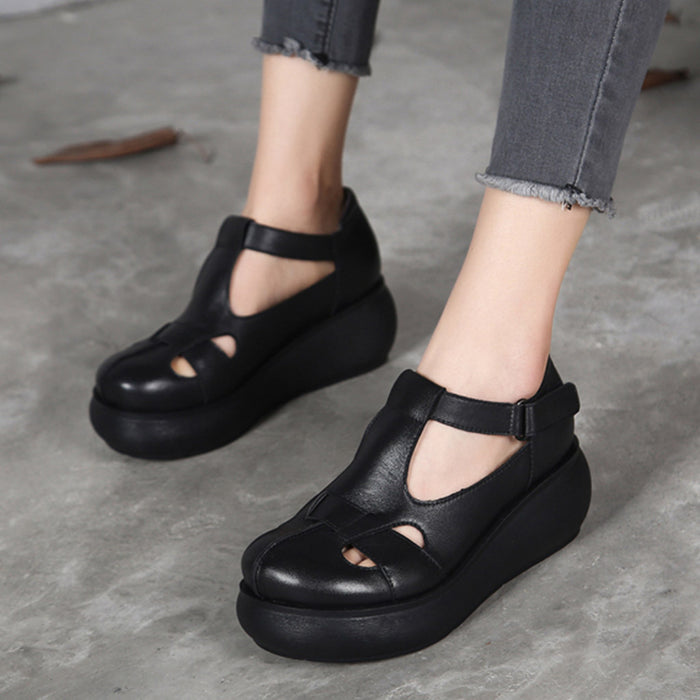 Handmade Retro Leather  T-strap Wedge Sandals March New 2020 89.90