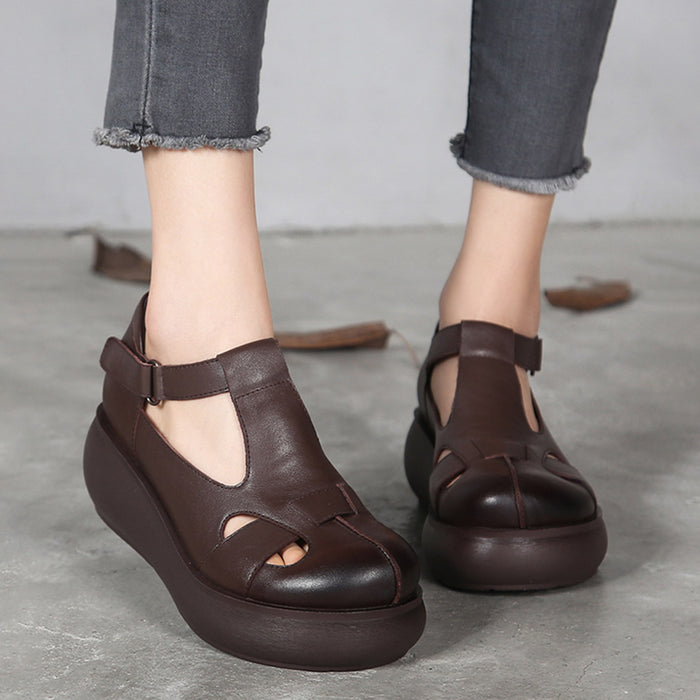 Handmade Retro Leather T-strap Wedge Sandals — Obiono