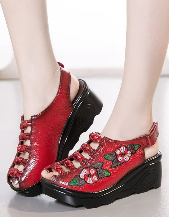 Oriental Style Embroidery Wedge Sandals Slingback