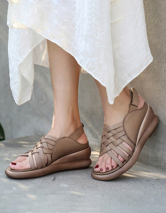 Leather Woven Wedge Slingback Sandals