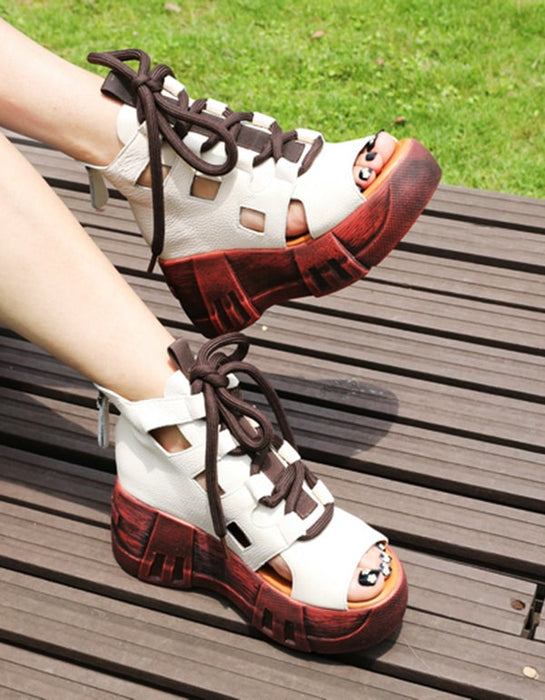 Summer Lace-up Cut-out Retro Platform Sandals