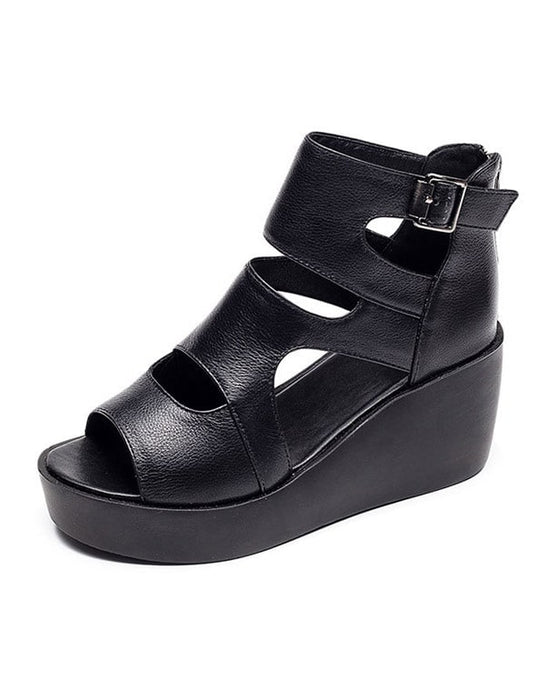 Summer Leather Open Toe Black Wedge Sandals 42