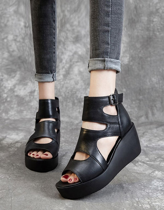 Summer Leather Open Toe Black Wedge Sandals 42