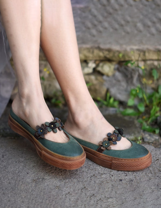 Summer Retro Leather Flower Green Slippers