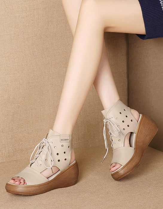 Summer Retro Leather Lace-Up Wedge Sandals
