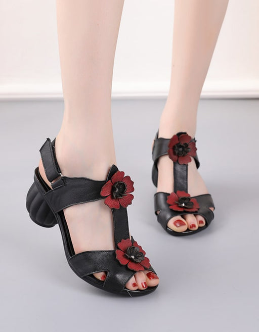 Summer Retro Leather Flower Chunky Heels June New 2020 68.88